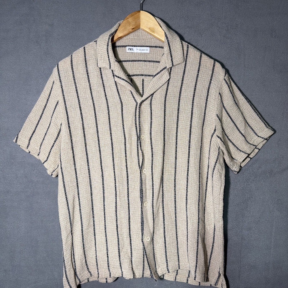 Zara Knit Shirt Mens Beige Navy Striped SS Camp Collar Cotton Blend Button Up L
